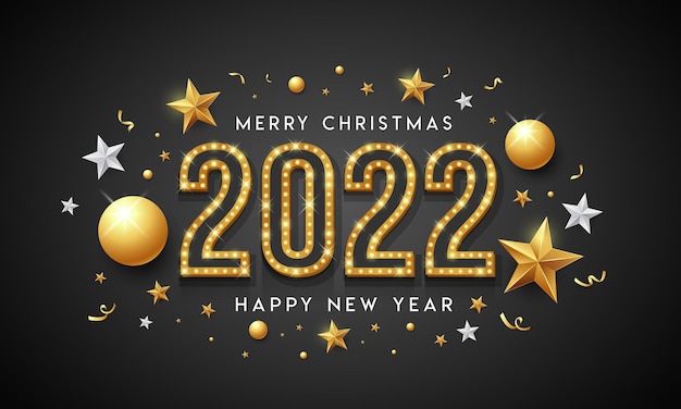 2022 buon natale e felice anno nuovo messaggio banner design oro e bianco su sfondo nero