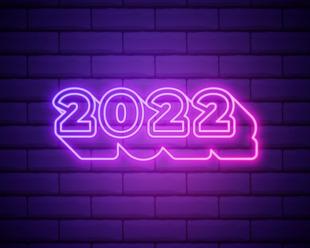 2022 neon signboard Happy New Year Realistic pink neon numbers on dark brick wall Vector 2022 in neon linear style