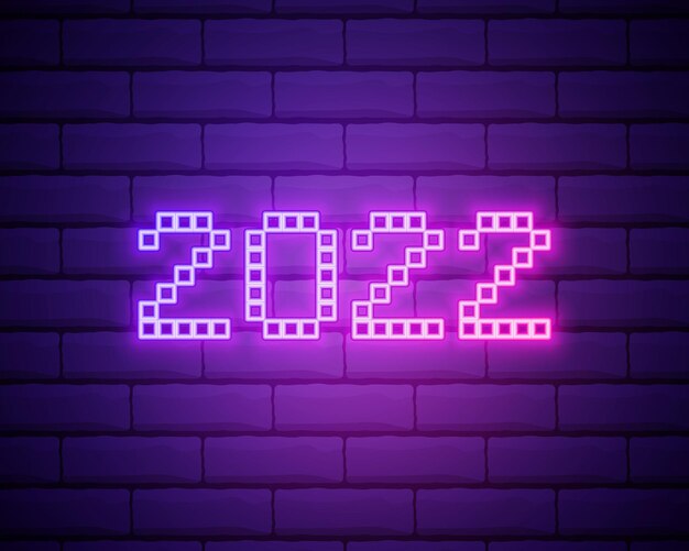 2022ネオン看板明けましておめでとうございます暗いレンガの壁にリアルなピンクのネオン番号ネオン線形スタイルのベクトル2022