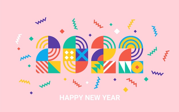 Banner di capodanno 2022 con numeri da semplici forme geometriche e figure all'interno di coriandoli