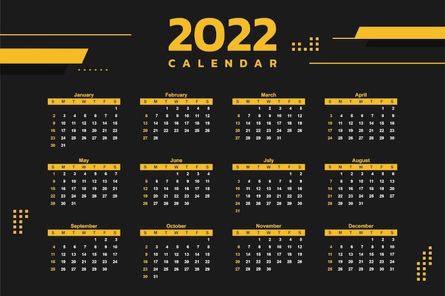 2022 new year calendar template with black background color and yellow simple shapes abstract design