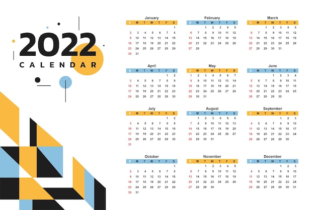 Шаблон новогоднего календаря 2022 с желто-синим простым геометрическим абстрактным дизайном