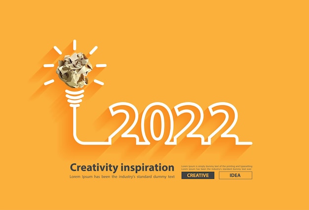 Ispirazione alla creatività del nuovo anno 2022 con design del concetto di idee di lampadine a sfera di carta stropicciata, illustrazione vettoriale