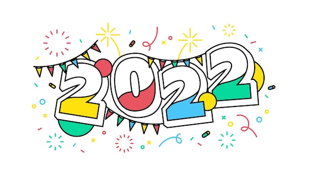 2022 New year festival party banner. Colorful numbers two thousand twenty two and confetti.