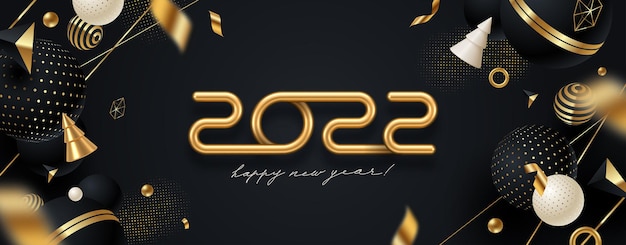 추상적인 모양이 있는 검은색과 금색 배경에 2022년 새해 로고