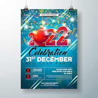 2022 anno nuovo festa celebrazione modello poster illustrazione con numero 3d e caduta di coriandoli colorati su sfondo blu. volantino di invito per le vacanze di vettore o banner promozionale.