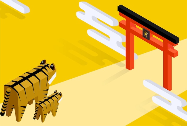 Vector 2022 new year's card tiger year tiger parent and child heading to the torii isometric translation tiger