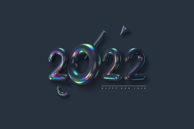 ベクトル 2022年の新年のサイン。暗い背景にプリミティブを持つ3dメタリック遊色数。薄膜効果。ベクトルイラスト。