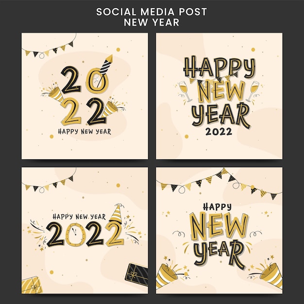 Новогодние сообщения в социальных сетях 2022 года или макет шаблона в четырех вариантах.