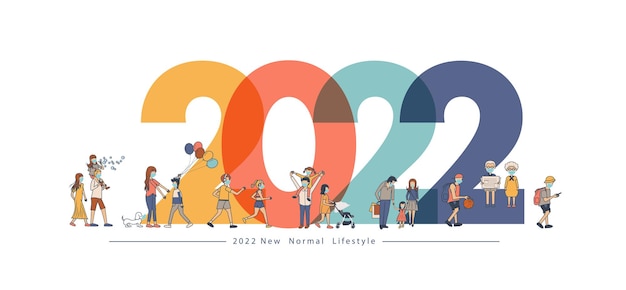 2022年新しい通常のライフスタイルのアイデアのコンセプトを持つ新年。平らな大きな文字のデザインでマスクを着用している人。ベクトルイラストモダンなレイアウトテンプレート