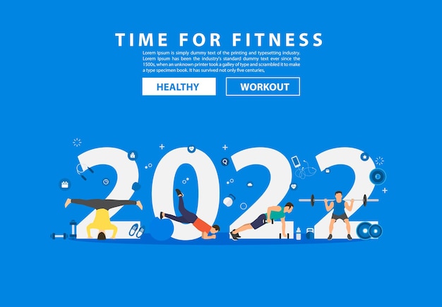 2022 Nieuwjaar fitness ideeën concept man training fitnessapparatuur met platte grote letters. Vector illustratie moderne lay-out sjabloonontwerp