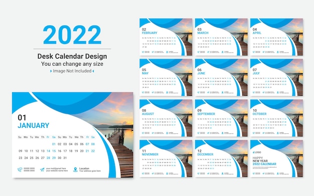 2022 nieuwjaar Kleurrijke creatieve bureaukalender ontwerpsjabloon Premium Vector.