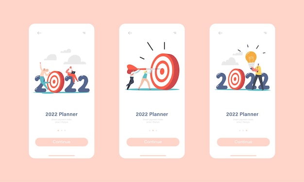 2022 nieuwjaarsdoelstelling mobiele app-pagina onboard-schermsjabloon. zakelijke personages gooien darts naar doelwit, kantoormedewerkers carrièreboost, bereiken doelconcept. cartoon mensen vectorillustratie