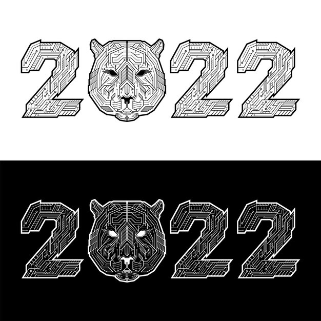 2022 nummering met een cyberkop van de tijger. Het symbool van het jaar 2022 naar de oosterse Chinese kalender. Geschetste vectorillustratie in abstracte technostijl geïsoleerd op een witte achtergrond