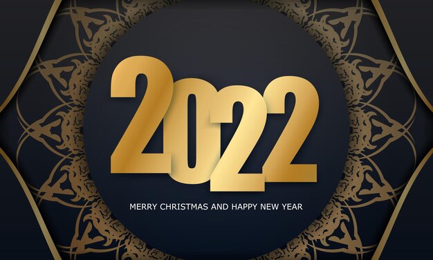 2022 postcard merry christmas and happy new year black color with winter gold ornament