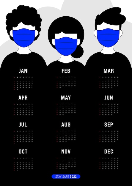Неделя дизайна шаблона ежемесячного календаря для печати на 2022 год начинается в воскресенье с людей в масках из-за концепции ситуации с covid-19, векторная иллюстрация