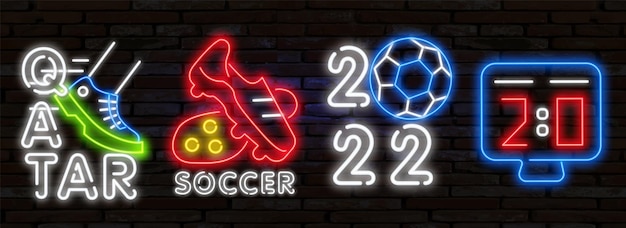 2022 카타르 네온 아이콘. 축구 클럽 네온 사인, 밝은 간판, 밝은 배너. 축구 로고, 엠블럼 및 레이블입니다. 네온 텍스트 편집