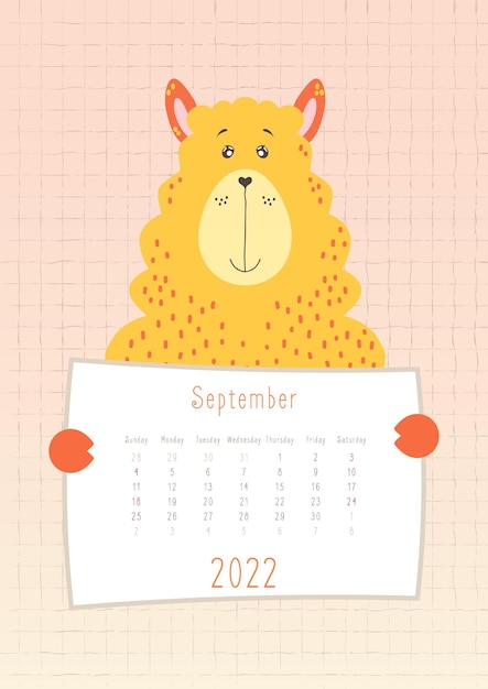 2022 september kalender schattig lama dier met een maandelijks kalenderblad handgetekende kinderachtige stijl