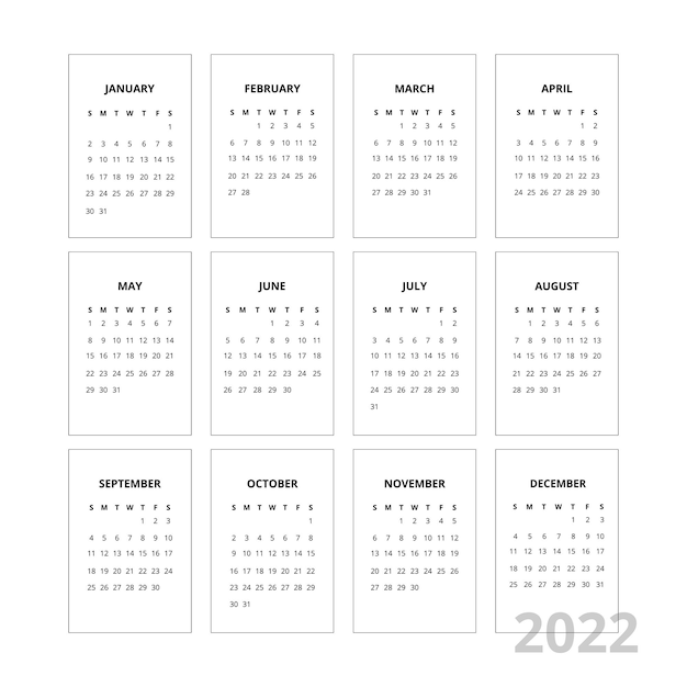 Малый календарь на 2022 год. Векторная иллюстрация бумажных шаблонов.