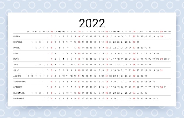 Вектор 2022 испанская линейная календарная сетка. шаблон планировщика. векторная иллюстрация.