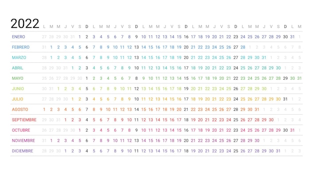 2022 Spanish linear calendar. Horizontal planner for year. Week starts Monday. Annual schedule grid