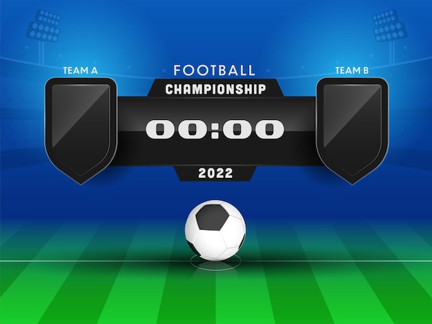 Vector 2022 voetbalwedstrijdscorebord met leeg schild van deelnemend landteam a vs b op blauwe en groene stadionachtergrond