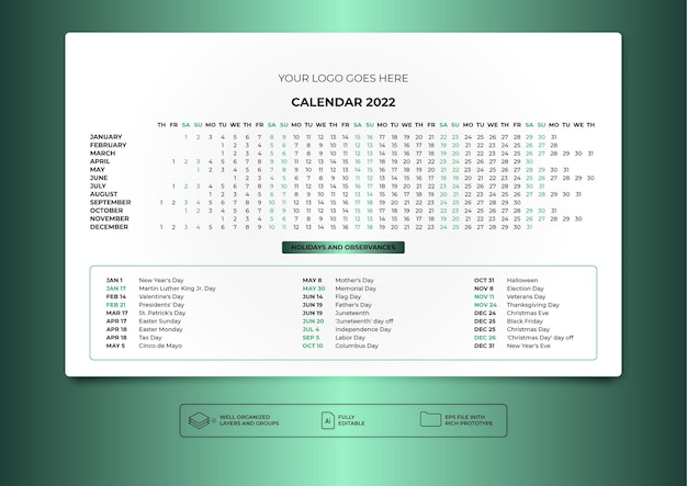 2022ホワイトアンプハーベイ水平デスクトップカレンダー