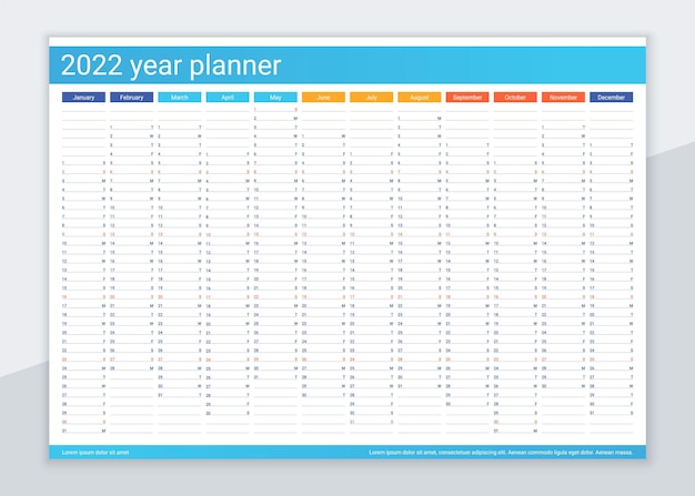 2022 year calendar planner. Desk calender template. Annual daily organizer. Agenda diary.