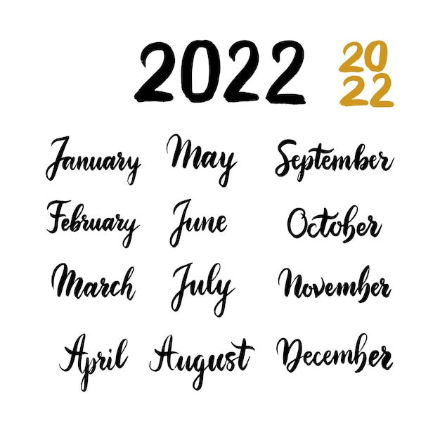 Vector 2022 year months handwritten brush lettering. vector illustration of hand drawn painting calligraphy.