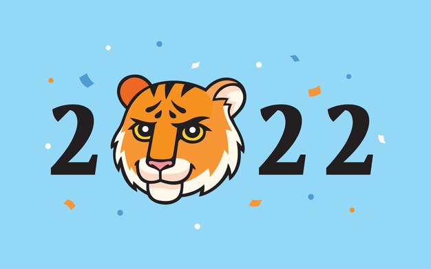2022 year text with tiger head and confetti, happy new year postcard