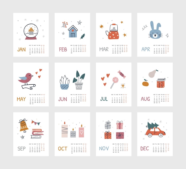 2022年のカレンダーテンプレート。かわいいオブジェクトや要素を使用したカレンダーのコンセプトデザイン。手描きスタイルのフラットベクトルイラスト。