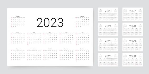 2023 2024 2025 2026 2027 2028 2029 2030 years calendar planner template vector illustration