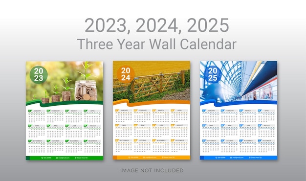 2023, 2024, 2025 una pagina modello di progettazione del calendario da parete di tre anni