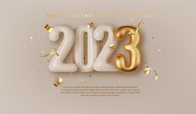 2023 3d Realistic Gold and white glossy number Happy New Year and Merry Christmas 2023 Greeting card Vector 3d rendering