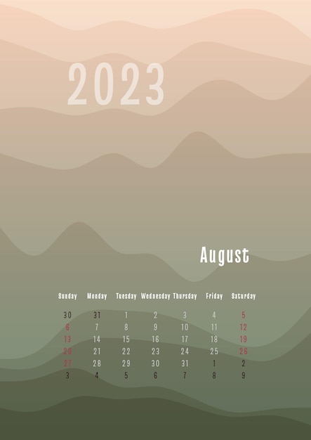 2023년 8월 세로 달력 매월 별도로 월별 개인 플래너 템플릿 피크 실루엣 추상 그라데이션 인쇄 및 디지털을 위한 화려한 배경 디자인