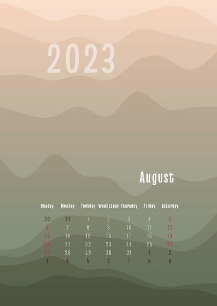 2023 augustus verticale kalender elke maand afzonderlijk maandelijks persoonlijke planner sjabloon Piek silhouet abstracte gradiënt kleurrijke achtergrond ontwerp voor print en digitaal