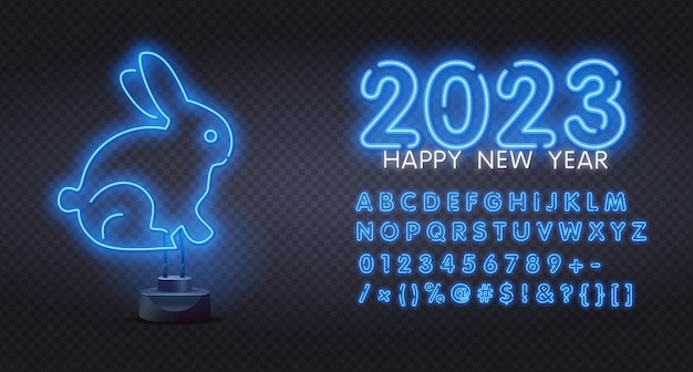 2023 blue neon sign rabbit on black background