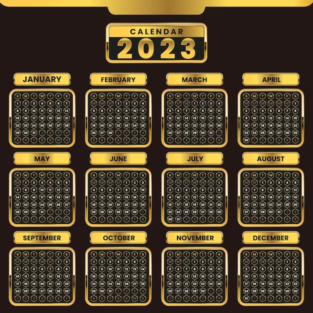 Progettazione del calendario 2023 in modello di layout in stile dorato