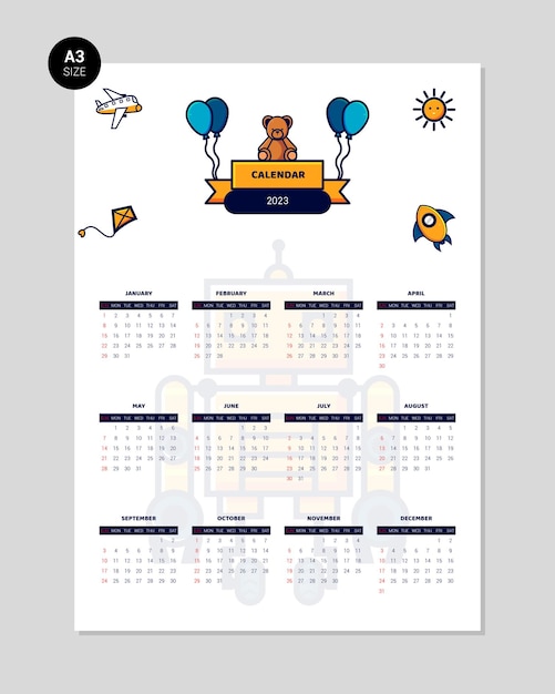 2023 calendar design template with a children39s theme