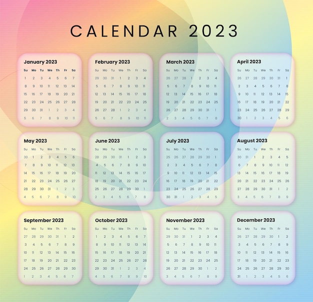 Вектор дизайна календаря 2023 года. красочный календарь на 2023 год. с новым 2023 годом