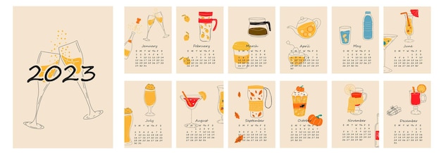 2023 calendar design with different drinks for different seasons. Hand drawn calendar planner