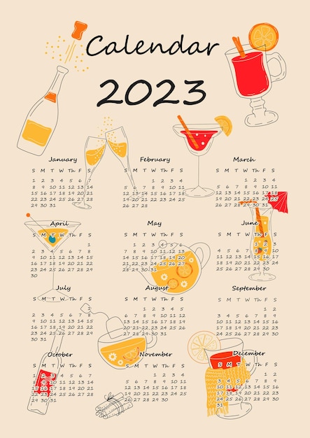 Design del calendario 2023 con bevande diverse per stagioni diverse.