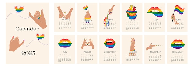 Дизайн календаря 2023 года с символом лгбт. Ручной обращается календарь планировщик годовой органайзер. Вектор