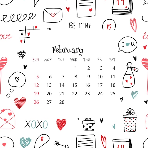 Calendario 2023 per febbraio illustrazione vettoriale del calendario mensile su sfondo blu con scarabocchi modello colorato carino senza cuciture per san valentino con griglia mensile in stile piatto cartone animato