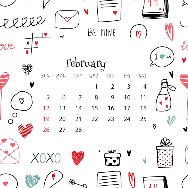 2023 年 2 月のカレンダー 落書きと青の背景に月間カレンダーのベクトル イラスト 漫画フラット スタイルの月グリッドとバレンタインの s 日のシームレスなかわいいカラフルなパターン