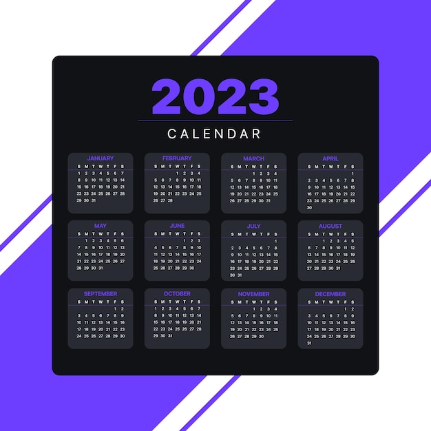 Вектор Календарь 2023 года горизонтальный темный на белом фоне