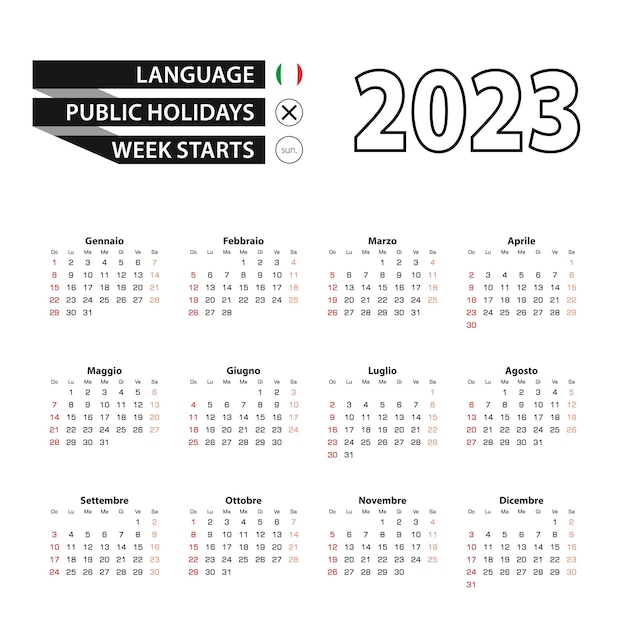 2023 年のイタリア語のカレンダーは日曜日から始まります