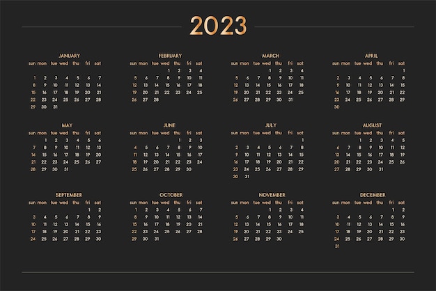 Calendario 2023 per agenda personale taccuino oro su nero stile ricco di lusso formato orizzontale orizzontale la settimana inizia la domenica