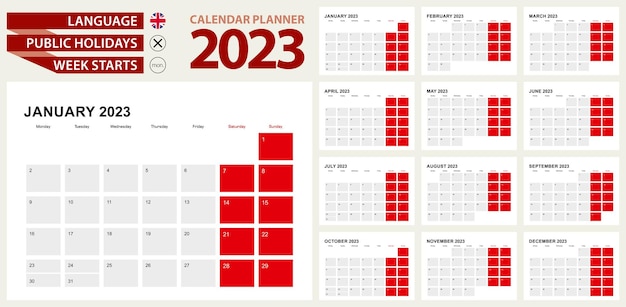 Vettore la settimana del design di calendar planner 2023 inizia da lunedì