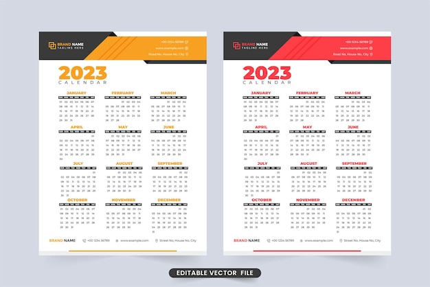 Design del modello di calendario 2023 con colori giallo e rosso calendario aziendale annuale design minimalista con forme digitali modello di calendario organizzatore da scrivania modificabile per l'anno 2023
